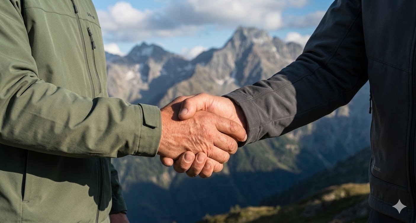 Vertrauensvoller Handschlag in den Bergen